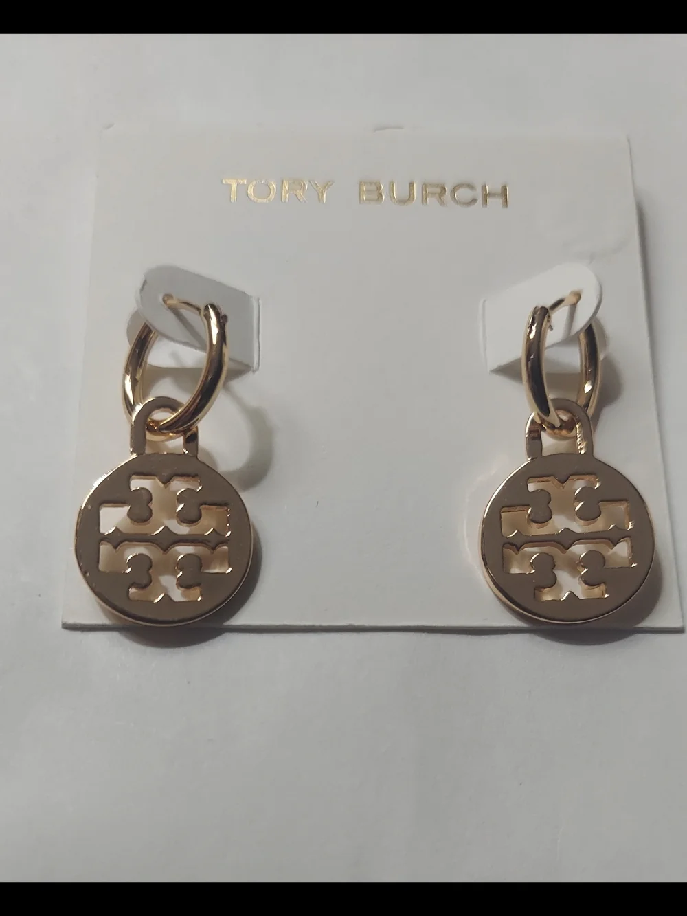 Tory Burch Gold Logo Drop Hoop Earrings